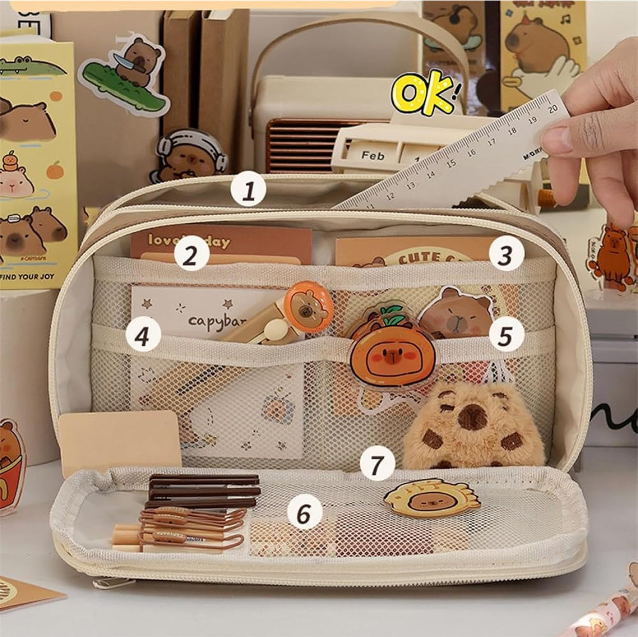 Cute Capybara Pencil Case Set – Clear Pouch with Plush & Pins