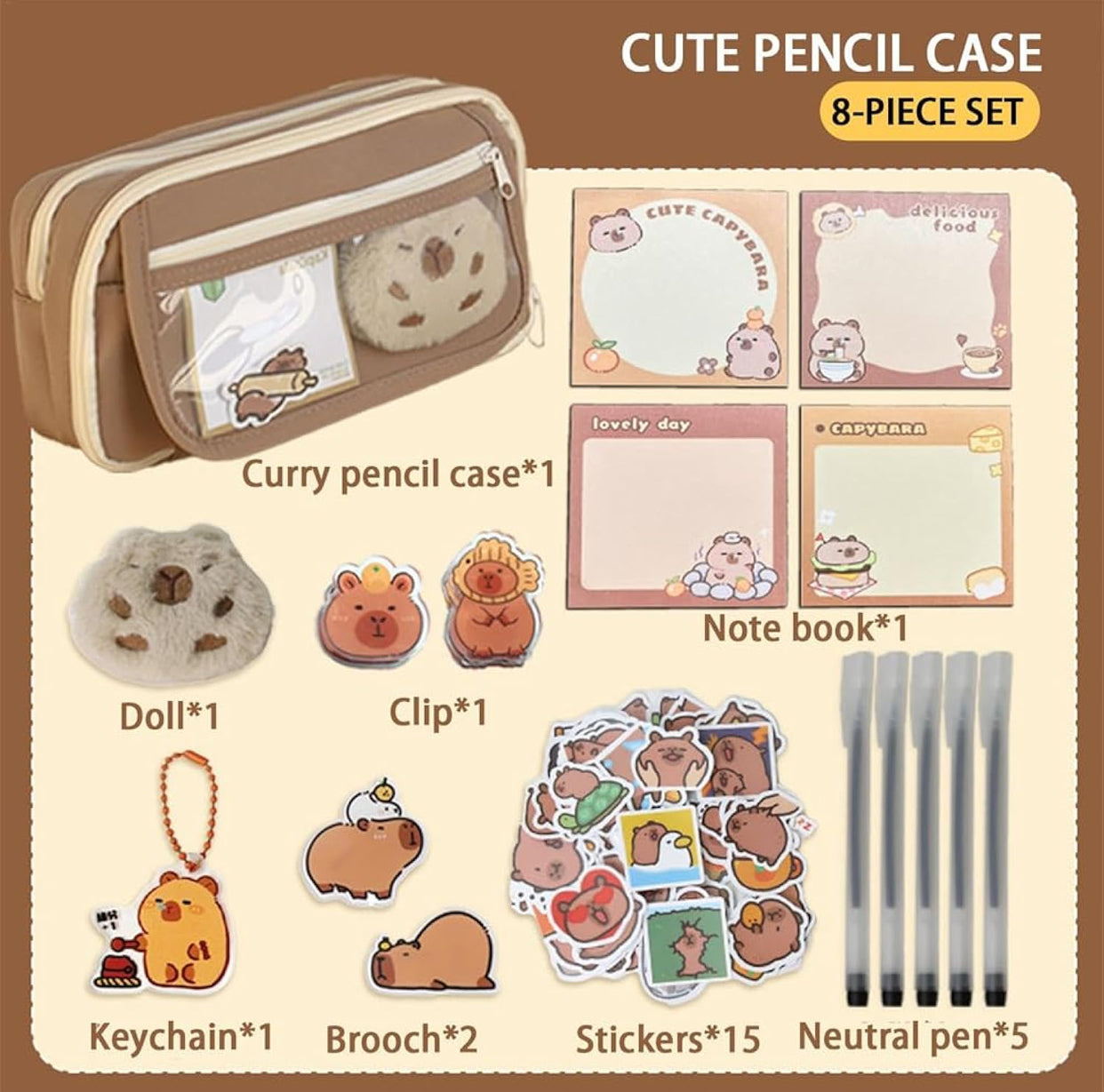 Cute Capybara Pencil Case Set – Clear Pouch with Plush & Pins